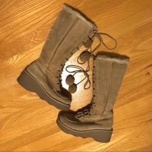 Vintage Aldo lace up suede boots with pom pom laces